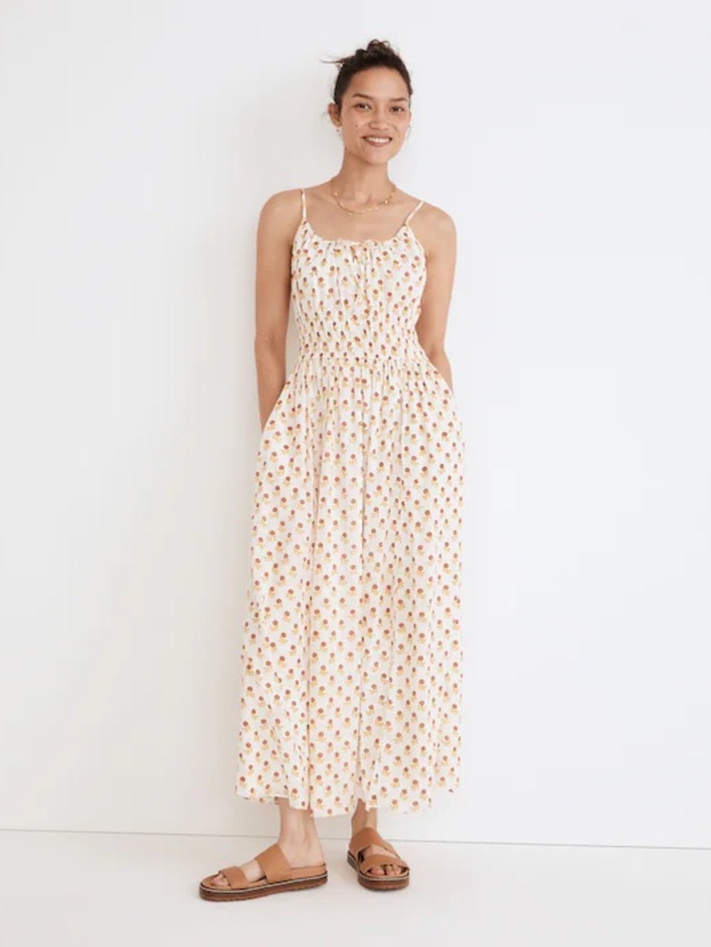 Maxwell Smocked Spaghetti-Strap Midi Dress in Cream Floral 3X NWT